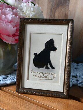 Antique Framed B.B. London Dog Postcard Velvet Silhouette “From One Jolly Dog"